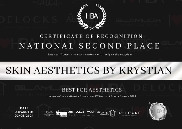 Certificate of Recognition: National Second Place, Best for Aesthetics, UK Hair and Beauty Awards 2024, awarded to Skin Aesthetics by Krystian